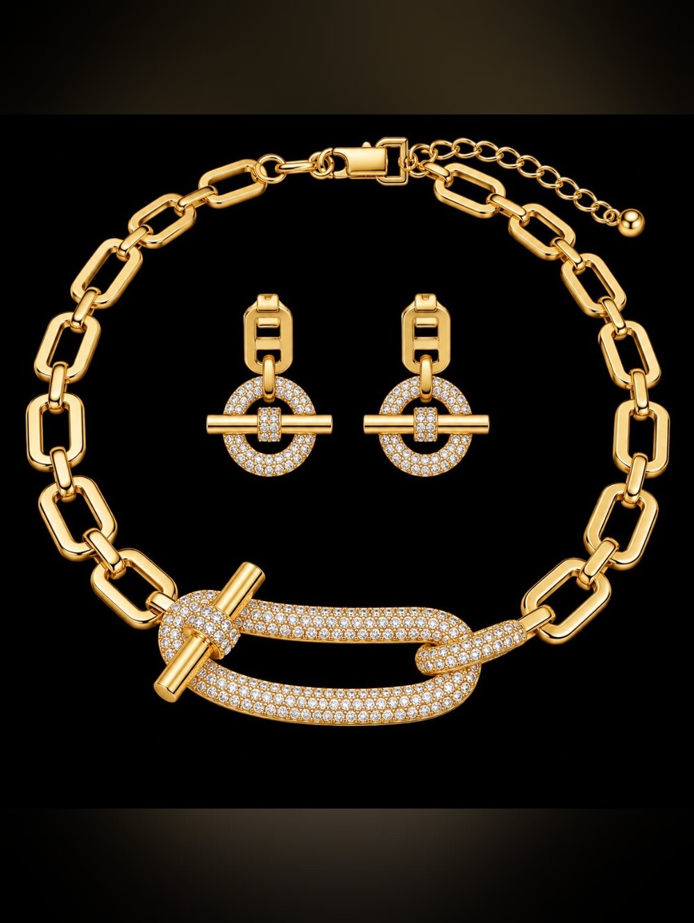 Gold Link Statement Necklace and Earrings Set - Elegant Women Jewelry